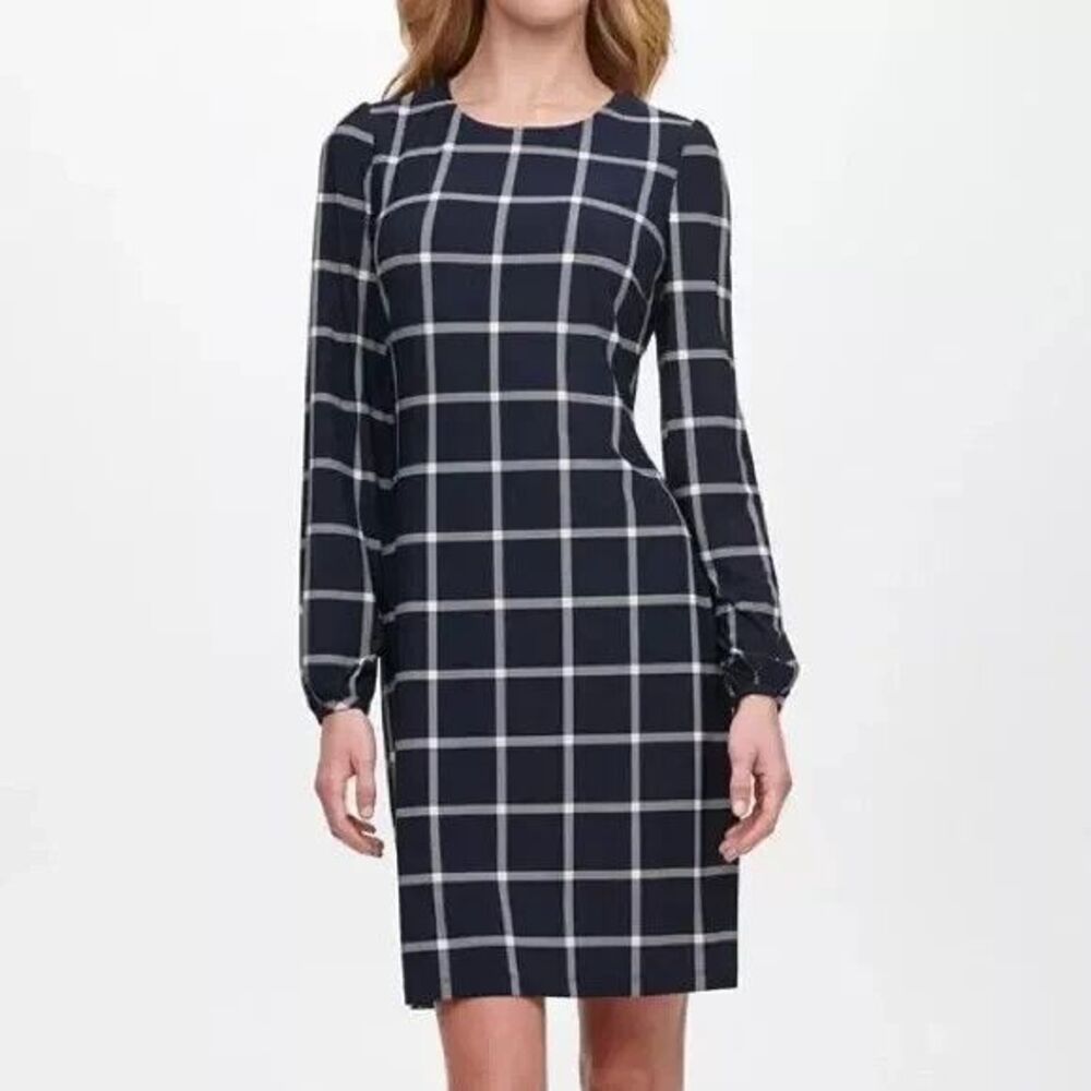 Tommy Hilfiger 18W Navy Windowpane Plaid‎ Shift Dress Long Sleeve Career Preppy